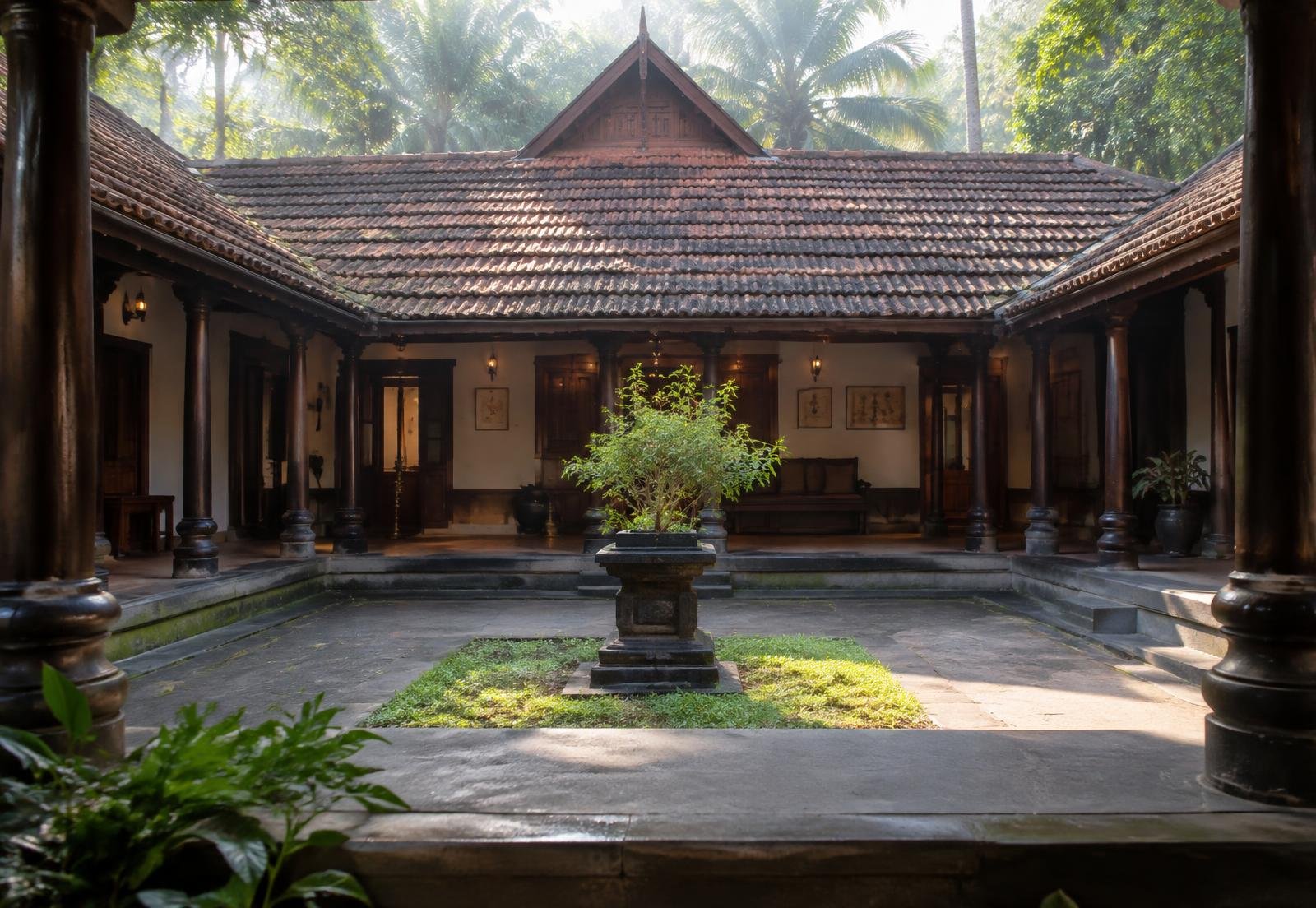 Kerala-style courtyard with tulsi plant