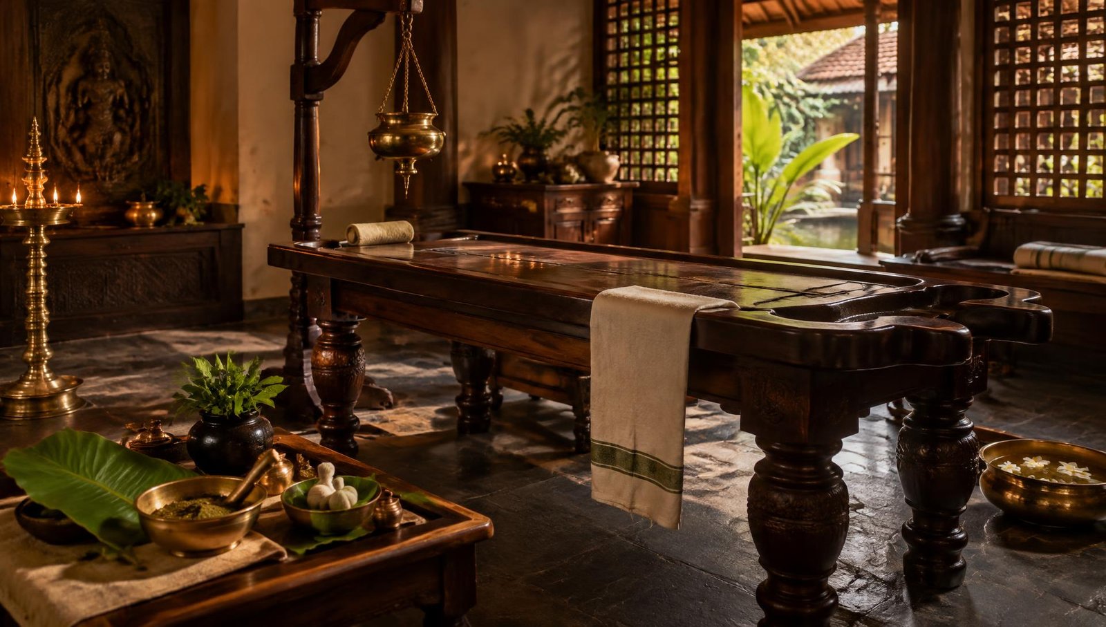 Traditional Kerala Ayurveda therapy room with wooden droni table and brass lamp
